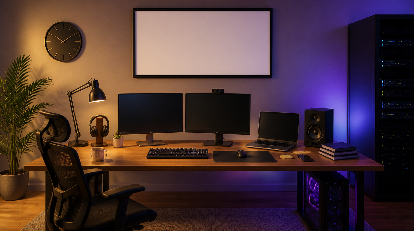 A photorealistic developer's room where every object is a sponsor slot